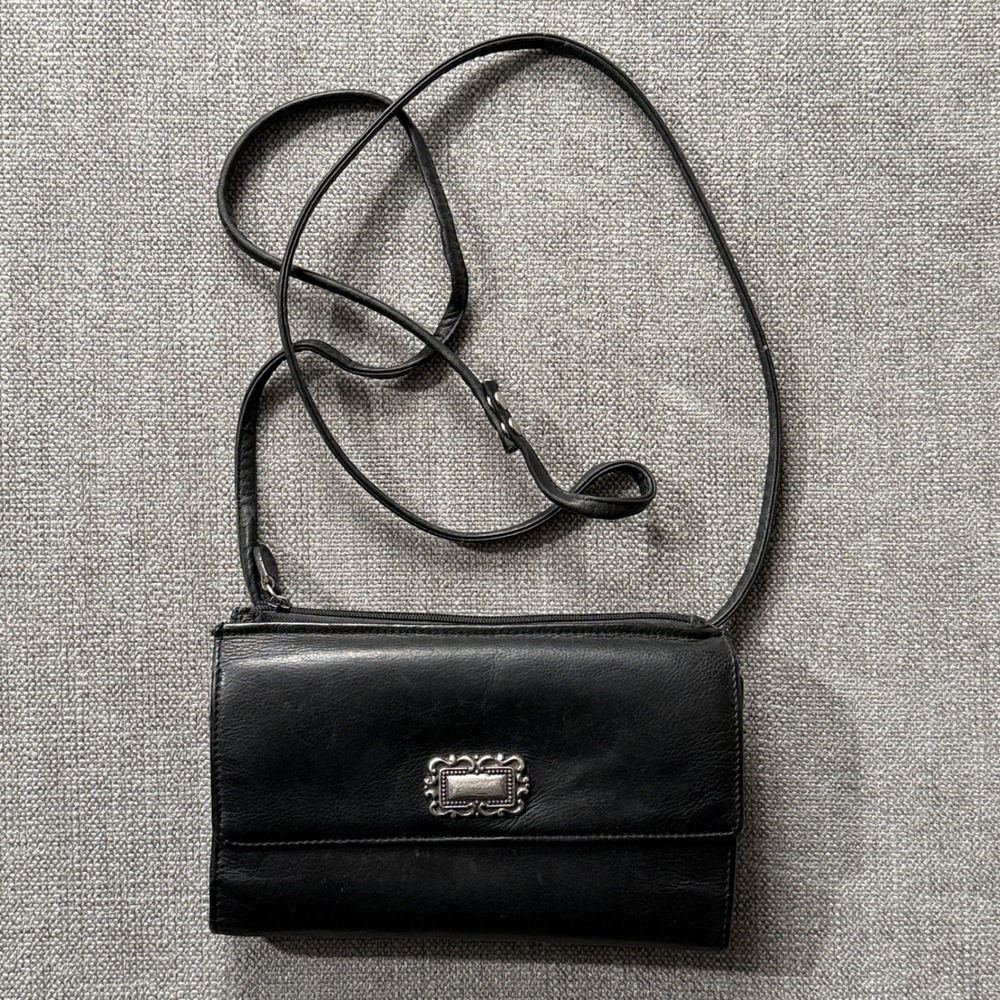 Fossil Black Leather Wallet‎ Crossbody Bag Organizer Flap Snap Closure